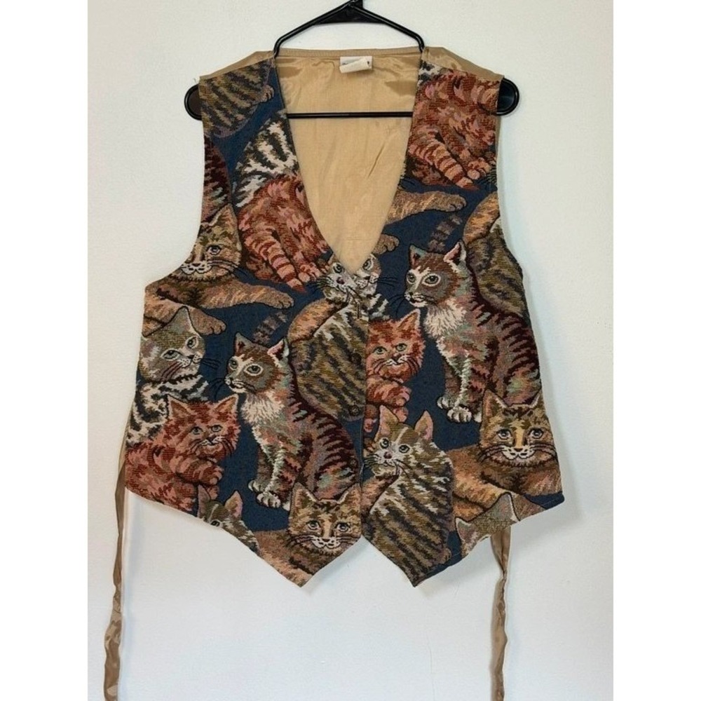 Bobbie‎ Brooks Woman Vintage Cat Tapestry Vest Woven Kitten Print Tan Size 14/16